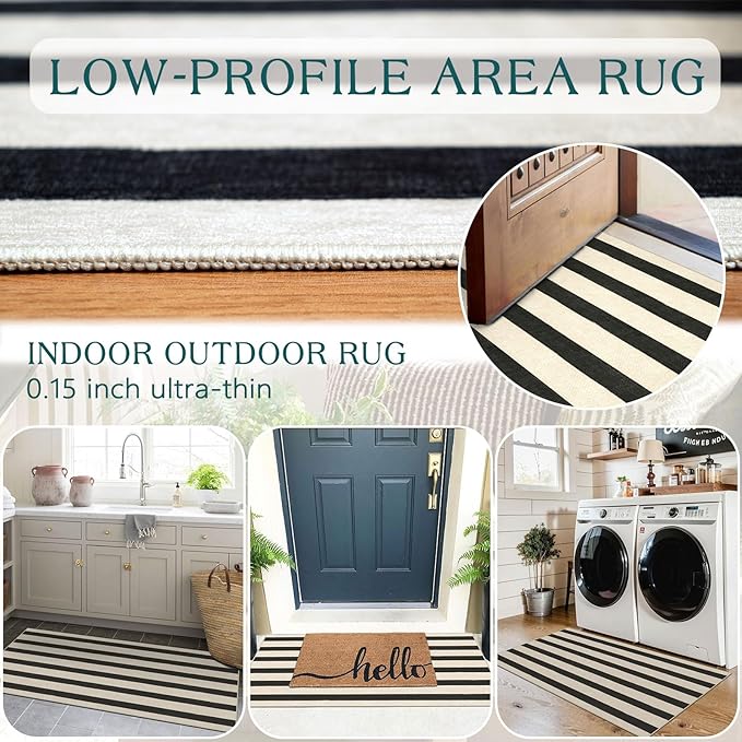 Outdoor Rug Door Mat, Black and White Stripe, 2 x 4.3 ft