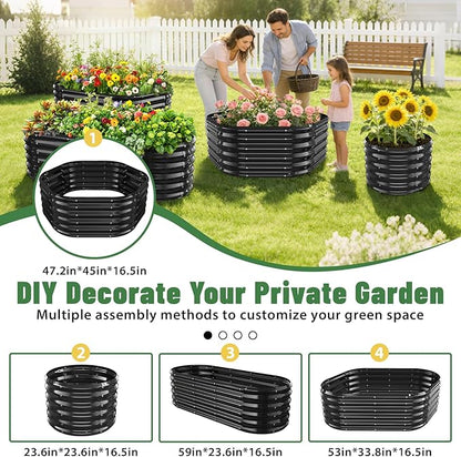 Hexagon Raised Garden Bed, 48 Inch Diagonal & 16.5 Inch Tall, Galvanized Steel Planter Box with Wave-Shaped Metal Panels for Outdoor Flower,Tree,Herb & Vegetable Garden (Black, 4FT X 1.5FT)