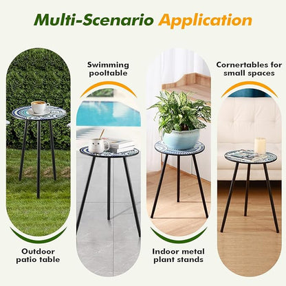 2 Packs Metal Mosaic Round Side Tables 13.4" Small Outdoor Patio Round Accent Coffee Tables Indoor Corner Stand for Small Spaces Weather-Resistant for Balcony, Porch Plant Stands Indoor