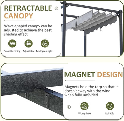 10'x12' Outdoor Pergola with Retractable Canopy, Patio Metal Heavy-Duty Gazebo Shelter for Backyard, Deck, Garden