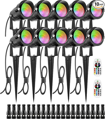 ZUCKEO 12W Color Changing Landscape Lights RGB Low Voltage Landscape Lighting Remote Control, Waterproof LED Outdoor Spotlight for Garden Pathway House Christmas Decor, 10 Pack with Connector