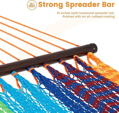 Lazy Daze Hammocks 10.5 FT Double 2 Person Caribbean Rope Hammock, Hand Woven Polyester Hammock with Spreader Bars, for Outside Outdoor Backyard Patio Poolside, 450 LBS Capacity, Multicolor
