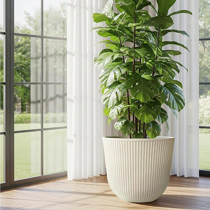 WORTH Garden Round Large Planter Pot Set of 2-17.5" Dia x 15.5" H - Durable Plastic Beige Plant Tree Pots with Vertical Stripe Textured Finish, Drainage Hole for Indoor, Outdoor, Front Porch, Patio