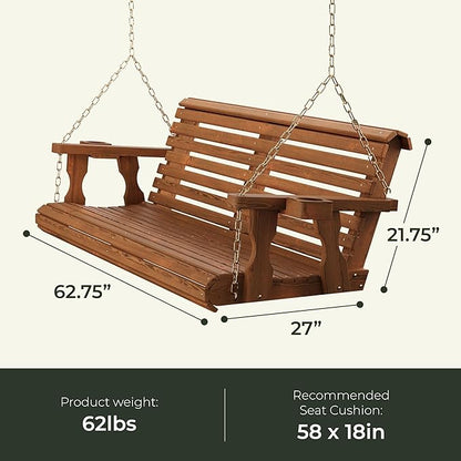 Amish Casual 3 Foot Roll Back Porch Swing with Cup Holders in Oak Stain - Amish Made in The USA from Treated Pine Heavy Duty 700 Lb. Weight Capacity