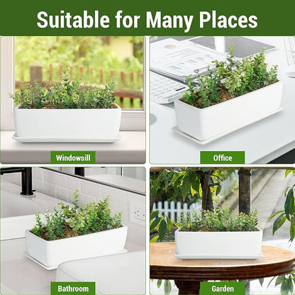 MyGift 14 Inch Ceramic Indoor Plant Pot with Drainage Hole, Rectangular Succulent Planter Window Box with Removable Saucer, Unglazed White