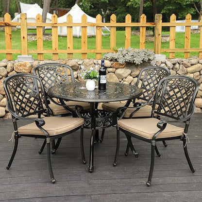 5-Piece Cast Aluminum Outdoor Patio Dining Set, All Weather Cast Aluminum Outdoor Furniture Dining Set for Patio, Balcony, Lawn, Garden, Backyard w/4 Chairs and Cushions, 2.0" Umbrella Hole