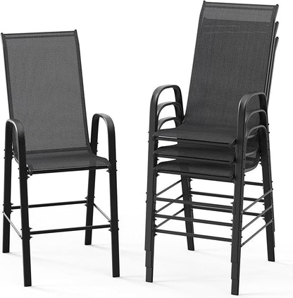 VINGLI 4 Pack Stackable Outdoor Bar Chairs – High Back Sling Chairs with Armrests, Ideal for Lawn, Courtyard, Bar, Black