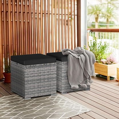RELAX4LIFE Wicker Outdoor Storage Ottoman - 2-Piece Rattan Footstool w/Removable Cushion, Multipurpose Footrest Foot Stool Seating, Set of 2 Outdoor Ottomans for Patio Deck (Mix Grey-Black)