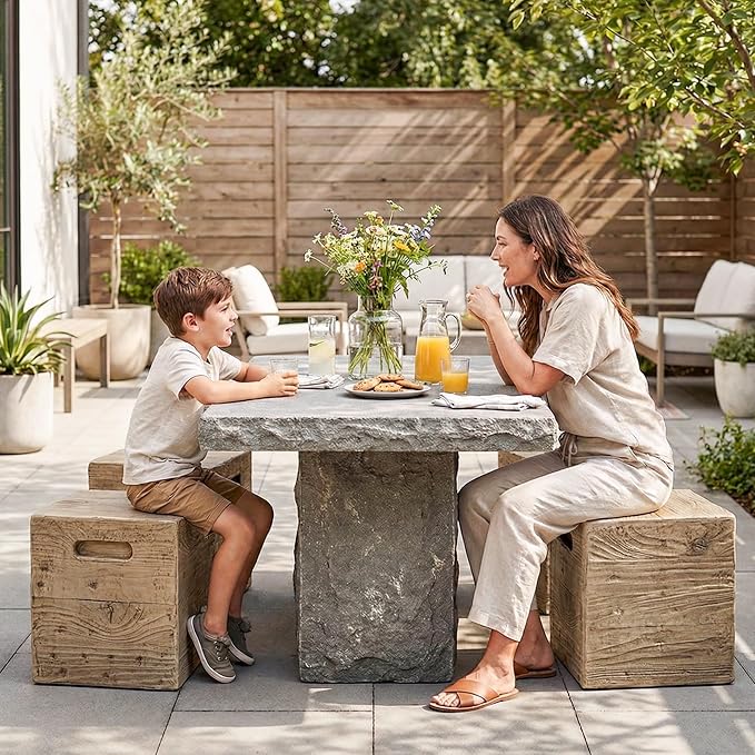 COSIEST Wooden Outdoor Side Table, Square MgO Concrete End Patio Side Table, Lightweight Cylinder Top Plant Stand with Square Base for Garden and Deck
