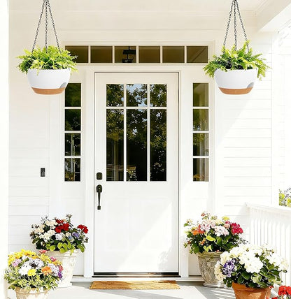 8 Inch Hanging Planters for Indoor Outdoor Plants, 4 Pack White Brown Plastic Self Watering Hanging Baskets with Drainage Holes and Chain for Garden Porch