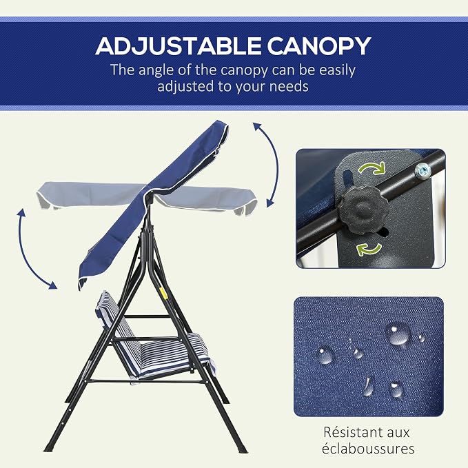 Porch Swing, 3-Seat Steel Frame, Tilt Canopy, Dark Blue