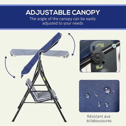 Porch Swing, 3-Seat Steel Frame, Tilt Canopy, Dark Blue