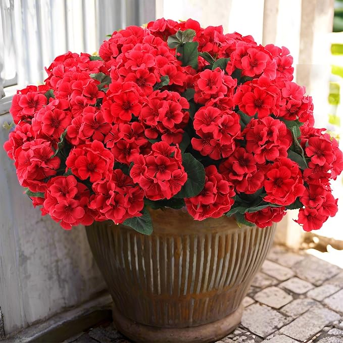 Artificial Geranium Flowers, Red Silk Blooms for Indoor and Outdoor Decor