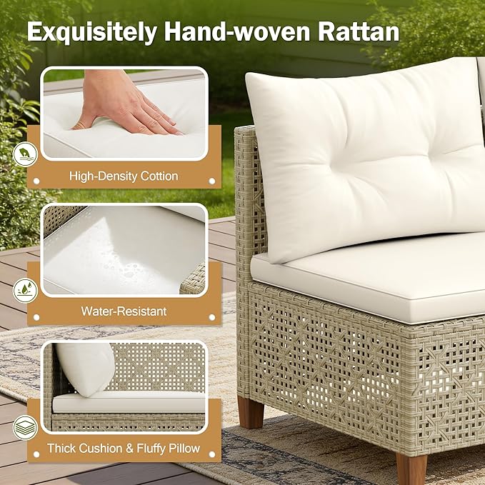 Devoko Patio Furniture Set 3 Piece Outdoor Sectional Sofa Hollow Rattan Patio Seating Sofa with Coffee Table & Ottoman for Deck, Porch, Poolside