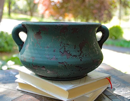 Egyptian Era Designed Earthen Ware Terra-Cotta Vessel/Planter with Looped Handles (Green)