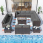 ALAULM Patio Furniture Set with Fire Pit Table 55000 BTU, Outdoor Sectional with Wide Seat and Thick Cushion, 15 Piece Wicker Rattan Conversation Set with Coffee Table for Garden, Deck, Grey