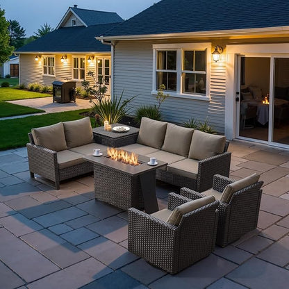 Belord 6-Piece Outdoor Sectional Furniture Set with 41” Fire Pit Table, 5-Seater Patio Furniture Set with Swivel Glider Chairs & Storage Box, 50000 BTU Propane Fire Pit Table, All-Weather PE Wicker