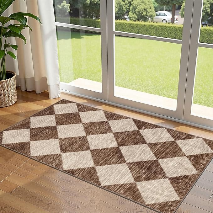 Outdoor Rug with Brown Beige Harlequin Pattern, 2 x 4.3 ft