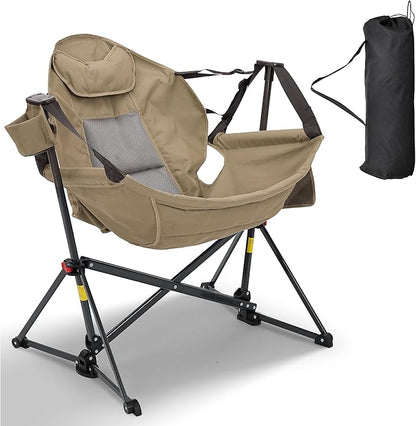 Ainfox Hammock Camping Chair, Foldable Portable Rocking Chairs for Adults Outside Swinging Camp with Cup Holder Pillow for Outdoor Patio Poolside (Brown)