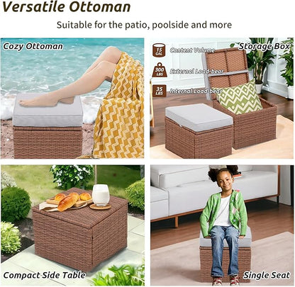 Premium Elegant Gray/Tawny 16.5" 2-Piece w/ 3" Fade-Proof Cushion, All-Weather Wicker Indoor/Outdoor Ottomans, PE Rattan Side Table & Footstools, Footrest, Ideal for Patio.