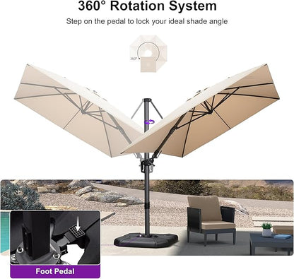 PURPLE LEAF 8.2' X 11.5' Tilting Patio Umbrella with Base Outdoor Cantilever Swivel Rectangle Umbrella Aluminum Offset Umbrella with 360-degree Rotation for Garden Deck Pool Patio Beige