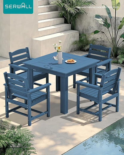 SERWALL Outdoor Dining Set for 4, HDPE Square Table and Chairs Set All Weather Patio Dining Set, 5-Piece Patio Dining Furniture for Deck, Blue