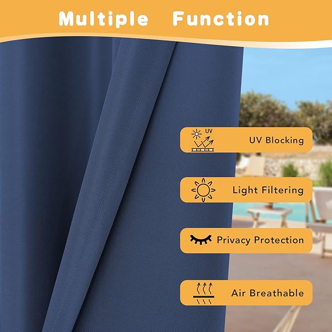 HolidayIdeas Outdoor Curtains for Patio Waterproof, 4 Panels - 54 x 84 Inch - Privacy Protection & Light Filtering Curtains Navy Grommet Outside Curtains for Porch, Gazebo, Pergola, Backyard
