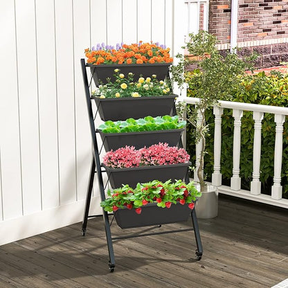 Giantex Vertical Raised Garden Bed on Wheels, Elevated Planter Raised Beds with Water Drainage, Freestanding 5 Container Boxes for Vegetables and Flowers Growing, Outdoor Indoor Patio Balcony