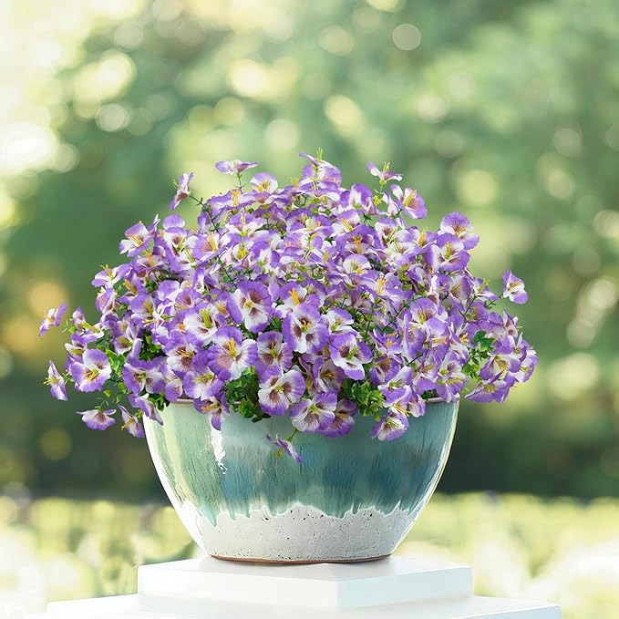 24 Bundles Artificial Pansy Flowers for Outdoor, Faux Silk Pansies Spring Flowers Outside for Planter Front Door Porch Yard Patio Window Box Home Decor (White Purple)
