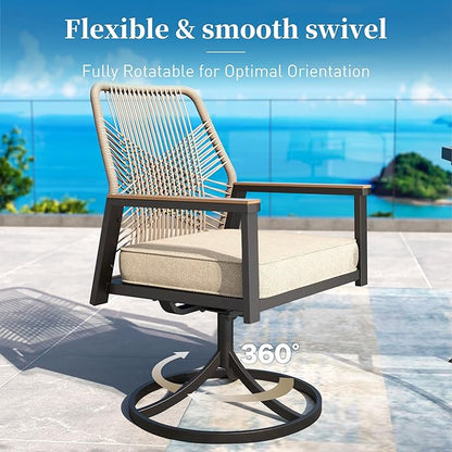 Patio Dining Set 7 Piece, 6 x Woven Rattan Swivel Chairs with Waterproof Cushion, 59" Rectangular Metal Dining Table with Umbrella Hole, Outdoor Table and Chairs Set for Backyard Lawn and Deck, Beige