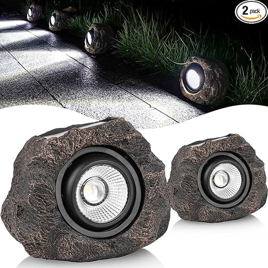 Solar Rock Lights Outdoor Garden Waterproof - Super Bright LED Solar Spotlights, Solar Powered Landscape Path Decorative Garden Stone Lights for Pathway, Walkway, Yard, Patio (2 Pack)