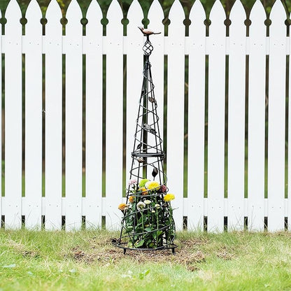 Garden Obelisk 40.5 Inch Metal Trellis for Climbing Plants - Sturdy Support for Rose Bushes & Tall Vines, Featuring Decorative Bird and Leaf Elements, Perfect for Garden Decor