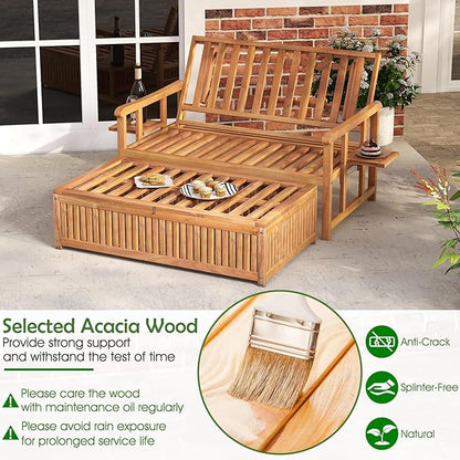 Tangkula Outdoor Acacia Wood Daybed with Storage Ottoman, Wood Patio Loveseat Sofa with 4-Level Backrest & Removable Cushions, 2 Folding Side Tables, Patio Recliner Lounger for Poolside, Backyard