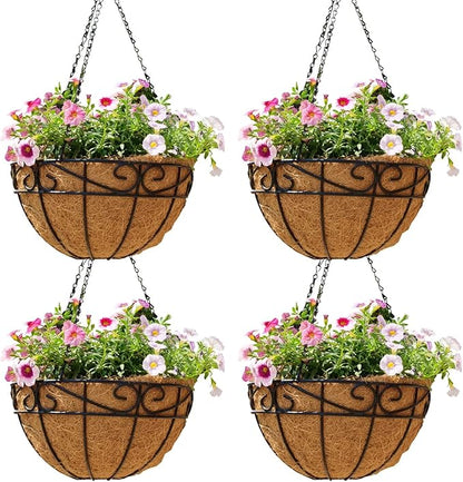 10 inch Metal Hanging Baskets For Plants Outdoor 4 Pack Round Metal Wire Hanging Basket Planter with Coco Fiber Liners Chain Round Wire Plant Holder for Garden, Patio, Deck, Porch Plants Flower Potsss