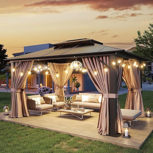 Aoxun 10'x12' Hardtop Gazebo, Aluminum Frame Permanent Pavilion with Light, Curtains and Netting, Outdoor Polycarbonate Gazebo, Double Roof Canopy, for Gardens, Patios, Lawns