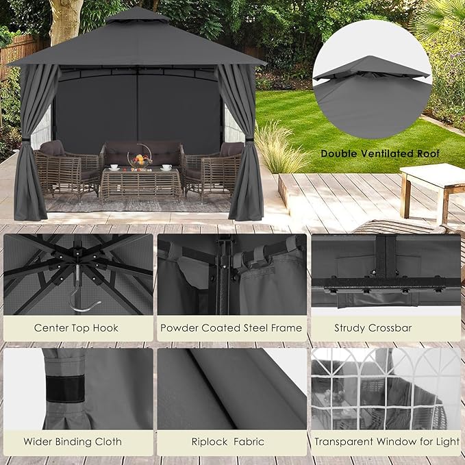 MASTERCANOPY Patio Gazebo Steel Frame Outdoor Gazebo with Windows Curtains (11x11,Dark Gray)