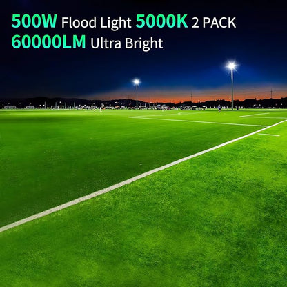 500W LED Flood Light Outdoor with Plug+10ft Cable, 60000LM Ultra Brighter 5000K Exterior Security Light, IP66 Waterproof Commercial Lighting for Sports Fields Counts Arena Stadium(2 Pack)