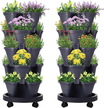 Umigy 2 Set 5 Tier Stackable Planters Vertical Garden Planters for Strawberry Herb Flower and Vegetable Indoor Outdoor Gardening Pots with Removable Wheels and Bottom(Grey)