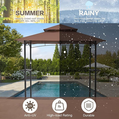 AECOJOY 8' x 5' Outdoor Grill Gazebo Canopy, BBQ Canopy for Outdoor Grill, 2- Tier BBQ Grill Gazebo Shelter for Patio, Backyard and More (Brown)
