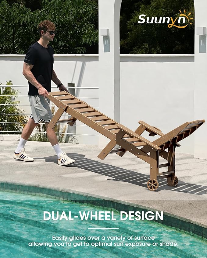 Lounge Chair Outdoor Set of 2, HDPE Chaise Lounge Outdoor, Pool Lounge Chair for Pool Poolside Deck Backyard Patio, Teak