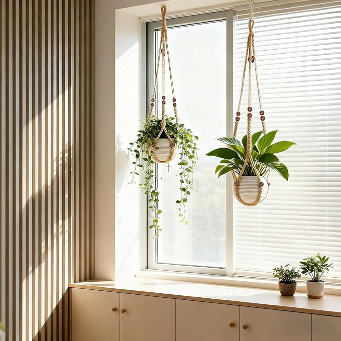 35 Inch Macrame Plant Hanger, Large for up to 15 Inch Pot Extra Long Hanging Planter Holder Basket with Wood Beads for Indoor Outdoor Home Decor (Brown, 2-Pack)