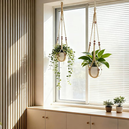 35 Inch Macrame Plant Hanger, Large for up to 15 Inch Pot Extra Long Hanging Planter Holder Basket with Wood Beads for Indoor Outdoor Home Decor (Brown, 1-Pack)