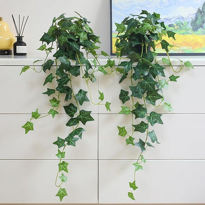 Fake English Ivy Plants in Pots Set of 2 – Realistic Artificial Ivy Greenery for Home Decor, Tabletop, Office, Shelf, Balcony or Bathroom – Lifelike Faux Hanging Vines, No Maintenance Required