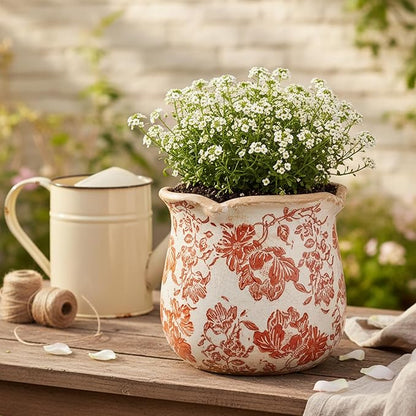 Country Farmhouse Planters for Spring Decor, 6.11 Inch Vintage Distressed Ceramic Plant Pot with Drainage for Indoor Plants, Terracotta Pots & Italian Tuscan Decor, Gardening Gifts (Red Flower)