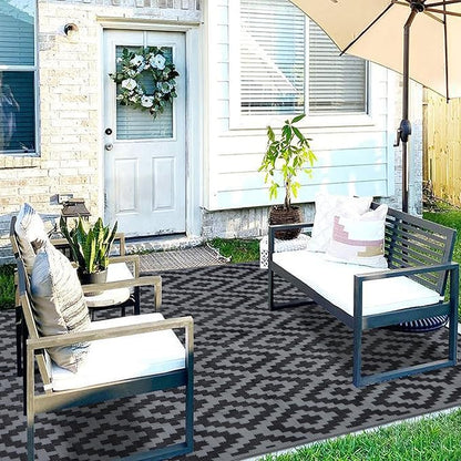SAND MINE Waterproof Outdoor Rug 8x8 ft, Plastic Reversible Rug, Modern Area Rug, Large Floor Mat for Outdoors, RV, Patio, Backyard, Deck, Picnic, Beach, Camping (8' x 8', Black Grey Lattice)