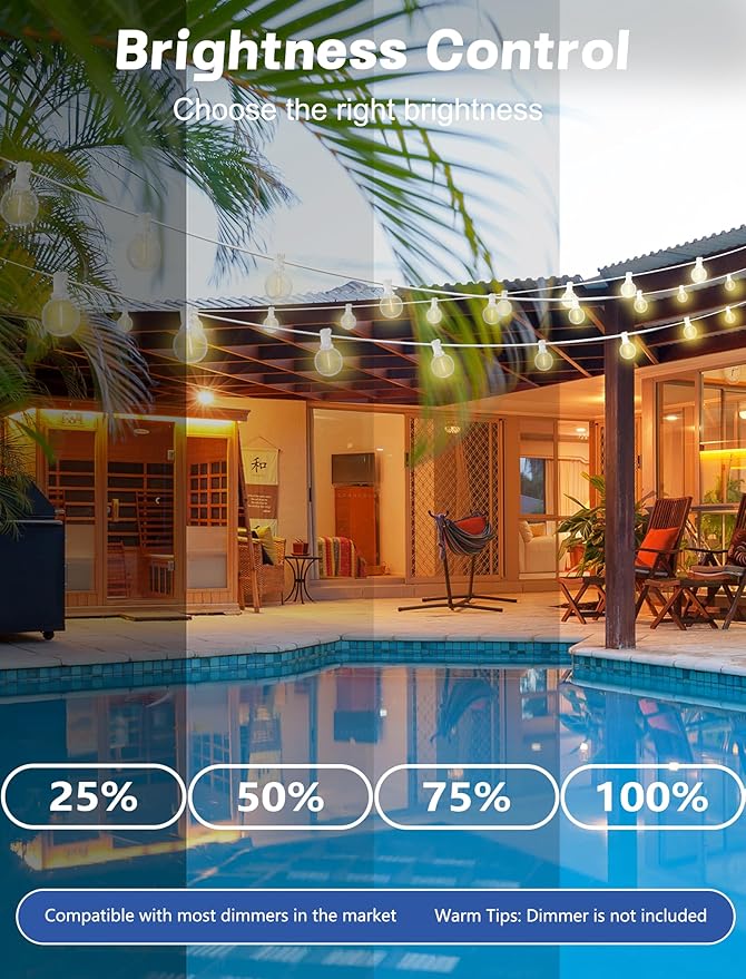 String Lights, Warm White G40 LED Outdoor, 50 Bulbs