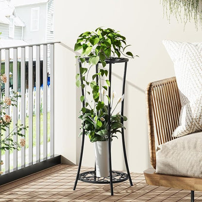 YINMIT Plant Stand Indoor Outdoor, 2 Tier Metal Potted Holder Rack, Flower Pot Stand Shelf, Heavy Duty Round Supports Rack, Corner Plant Shelf for Balcony Garden Patio Living Room (Black-Iron)
