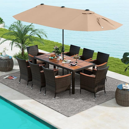 Tangkula 11 Piece Rattan Outdoor Dining Set with 15Ft Patio Umbrella for 8, Outdoor Wicker Table Set with 8 Cushioned Armchairs, Acacia Wood Top, Outdoor Umbrella with Base Included