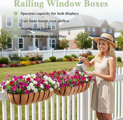 English Inviting Horse Trough Balcony Planter With Coconut LinerMetal Wall-Mounted Planter Box Deck Window Box 16 Inch (2 Pack)