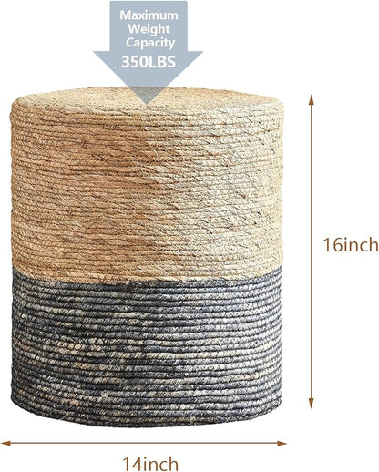 Wimarsbon Round Pouf Ottomans, Handwoven Natural Water Hyacinth Seagrass Pouffe,Outdoor Rattan Stool Accent Seat, Bohemian Coastal Home Decor (2pcs 14inch Natural Cattail-Blue)
